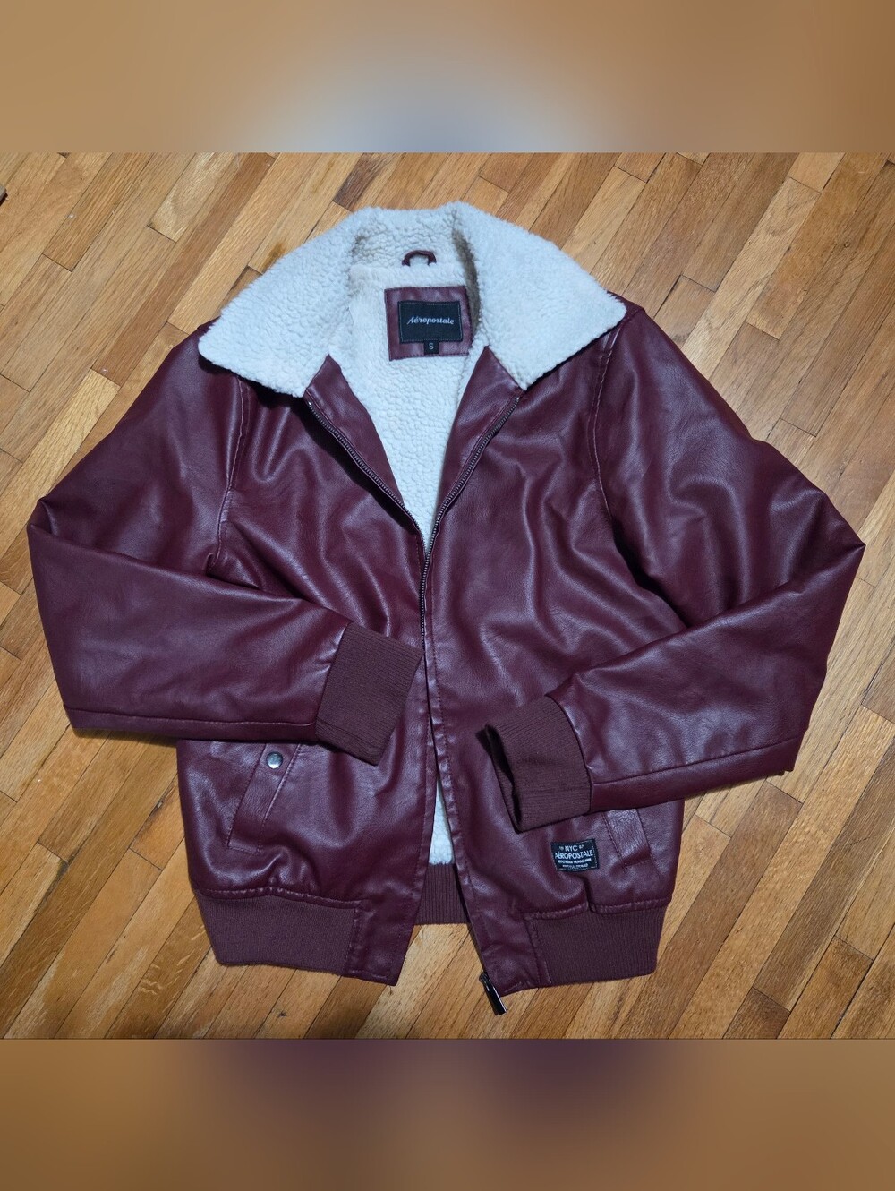 Aeropostale Men's Burgundy Faux Leather Bomber with White Sherpa Collar
